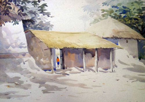 Morning Village-Watercolor on Paper Painting by Samiran Sarkar