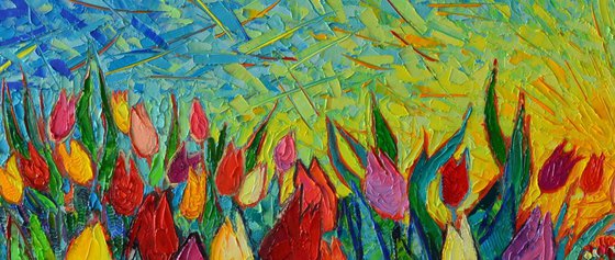 COLOURFUL TULIPS FIELD AT SUNRISE - modern impressionist palette knife oil painting