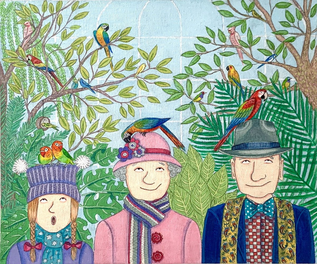 Naive Animal Acrylic Painting By Lisa Davies, 15 X 13", A Visit To The Aviary, Original Artwork