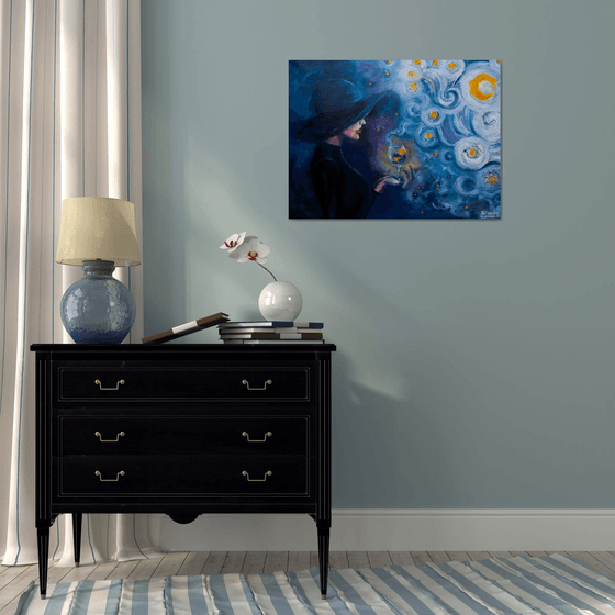 One sip of starry night- painting on canvas woman blue freedom infinity starry night moon magic home interior office art