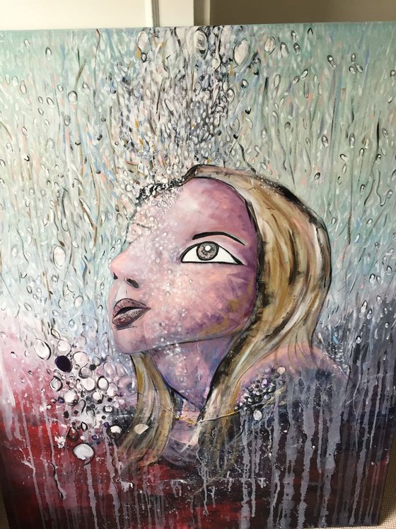 Rain Drops Acrylic Painting Large Canvas Art Original Artwork Woman Submerged 40"x50" Free Shipping