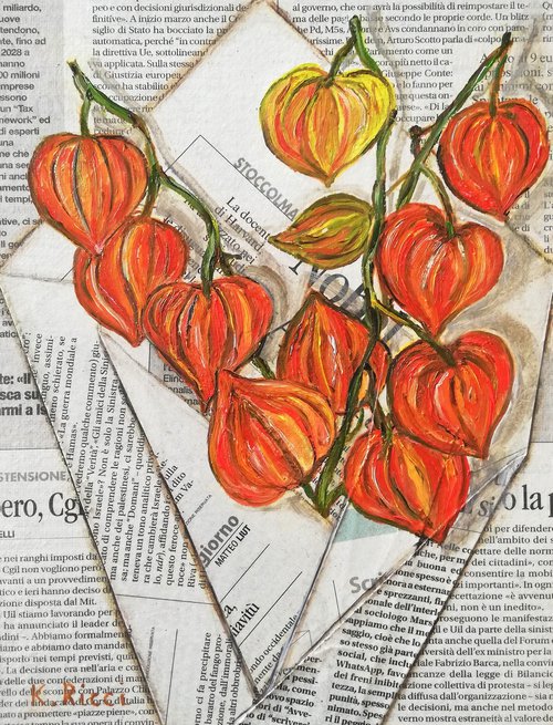 "Physalis Flowers Chinese Lanterns in a Newspaper Bag" Original Oil on Canvas Board Painting 7 by 10 inches (18x24 cm) by Katia Ricci