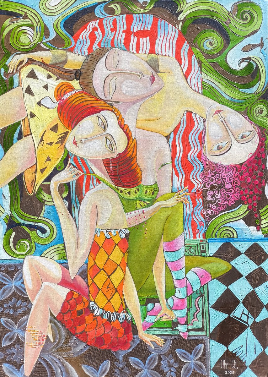 Abstract Portrait Oil Painting By Anahit Mirijanyan, 20 X 28, Intertwined Souls, Original Artwork