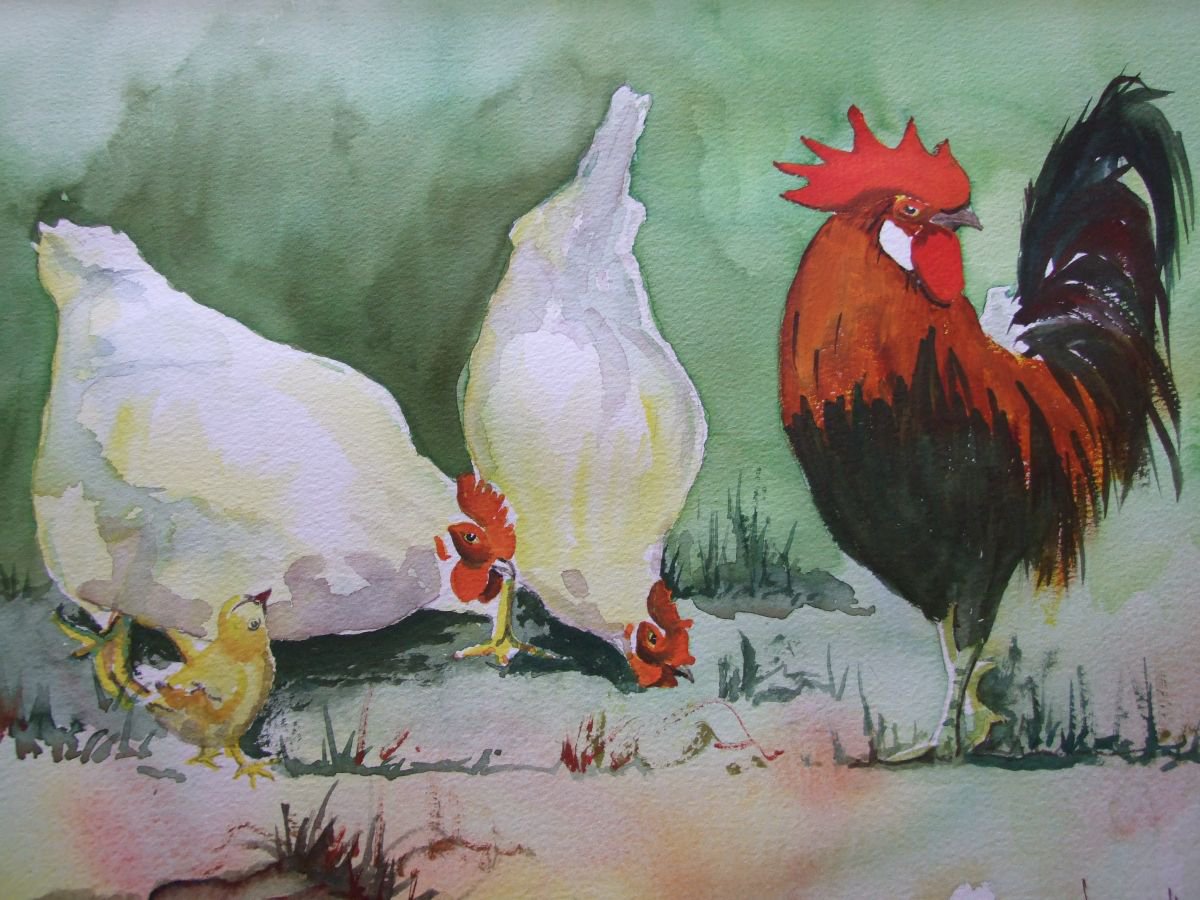 Cockerel with Hens by David Harmer