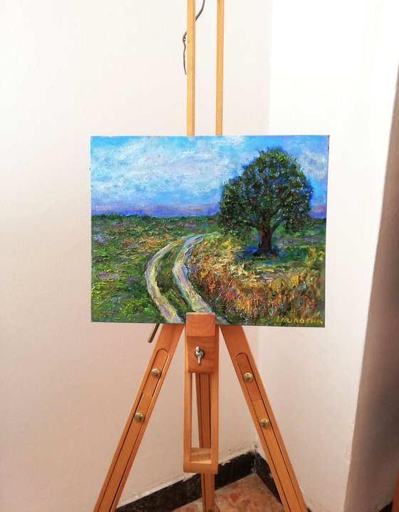 "The Country Road"  10x12 in. (24x30 cm) Tuscany Original Oil on Canvas Meadow Landscape Artwork