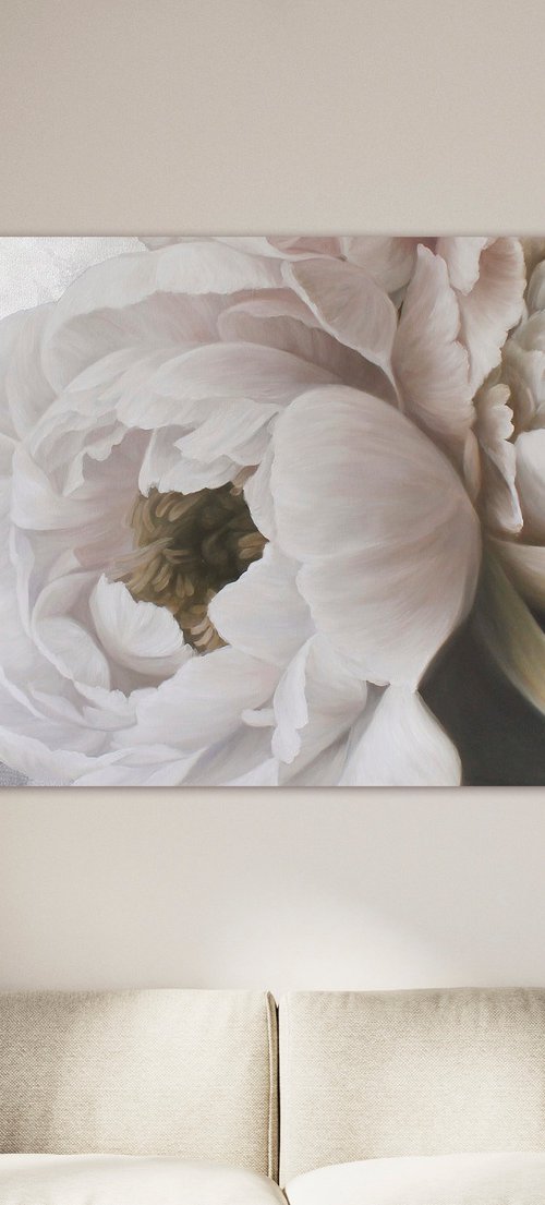 "Velvet Peonies" White silver flowers oil art by Olha