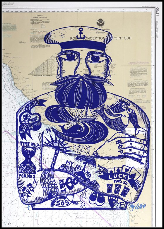 Sailor, linocut on vintage seachart