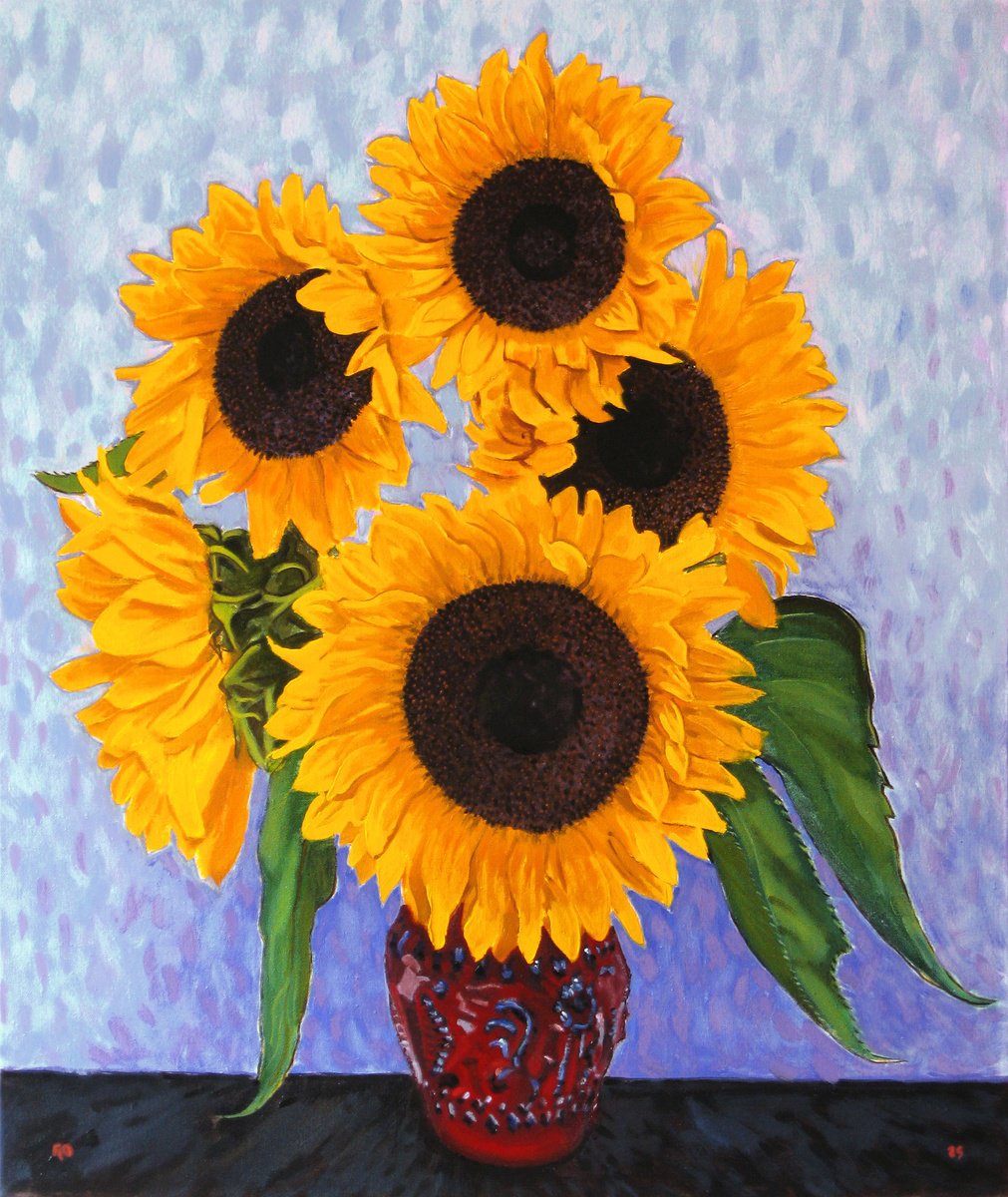 Botanical Oil Painting By Richard Gibson, 22 X 26", Large Five Sunflowers, Original Artwork