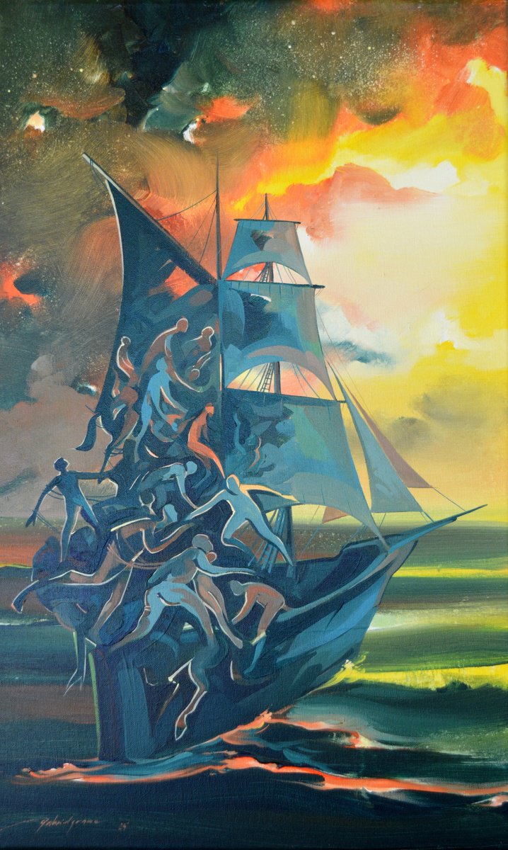 Surrealistic Portrait Acrylic Painting By Grama Gabriel, 19 X 30, The Evening Odyssey, Original Artwork