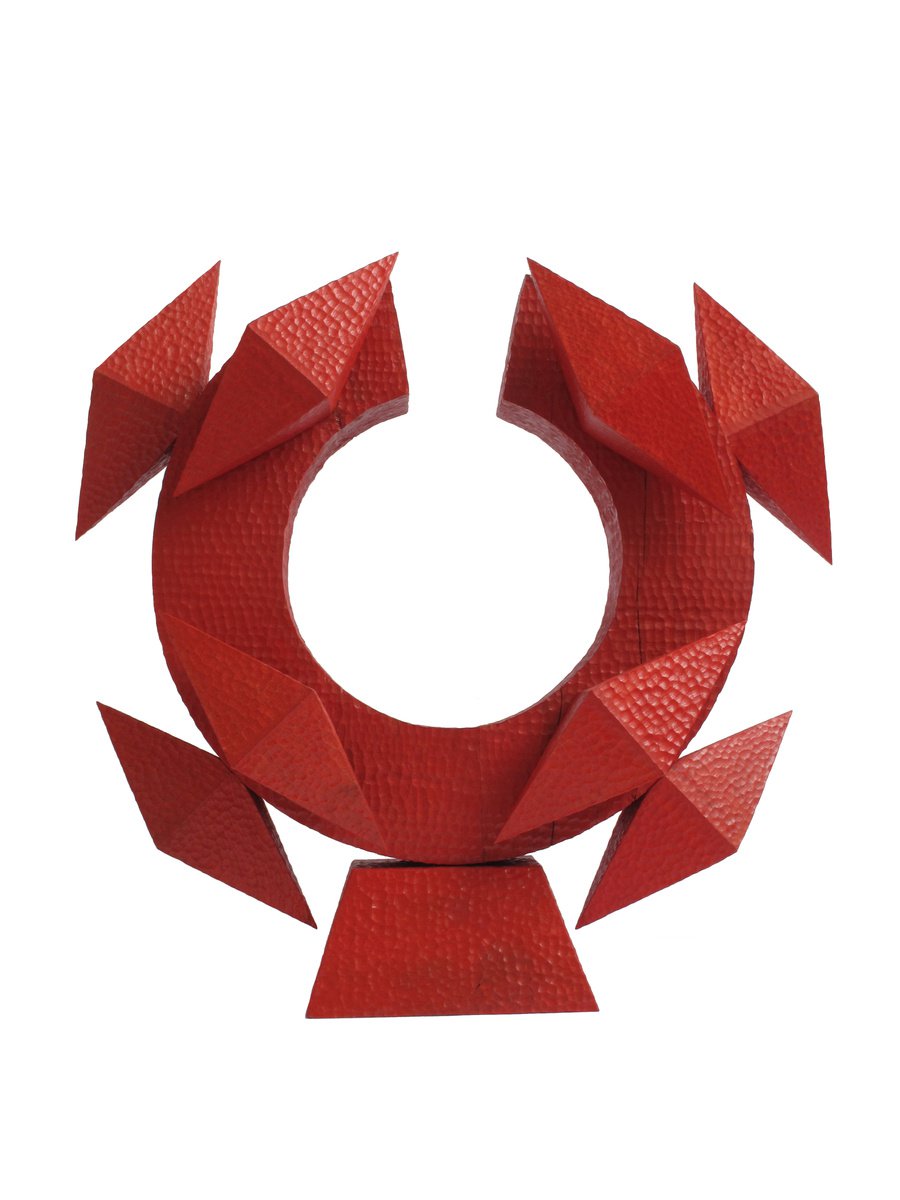 Urban And Pop Abstract Wood Sculpture By Nikola Tsvetanov, 14 X 13", "Red Sentinel", Original Artwork