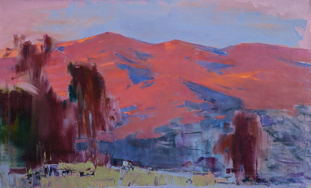 Landscape Oil Painting By Helen Shukina, 39 X 24, Magic Of Evening Peaks, Original Artwork