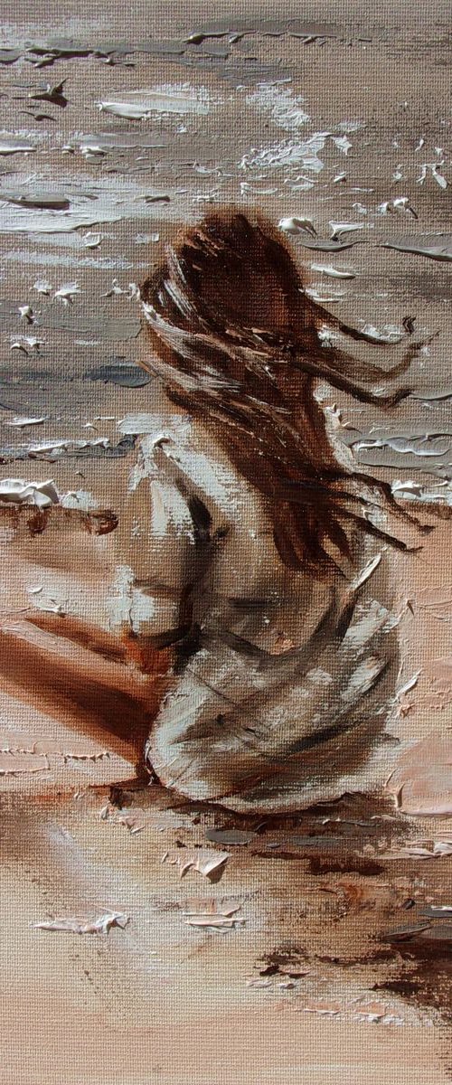 " JUST ME AND SILENCE ... " original painting SEA SUMMER palette knife GIFT by Monika Luniak