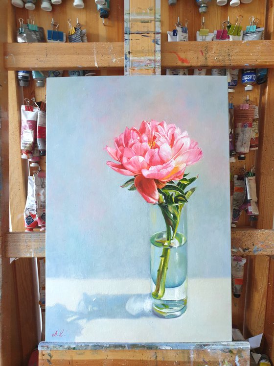 "Coral flashes. " peonies  flower  liGHt original painting  GIFT (2021)