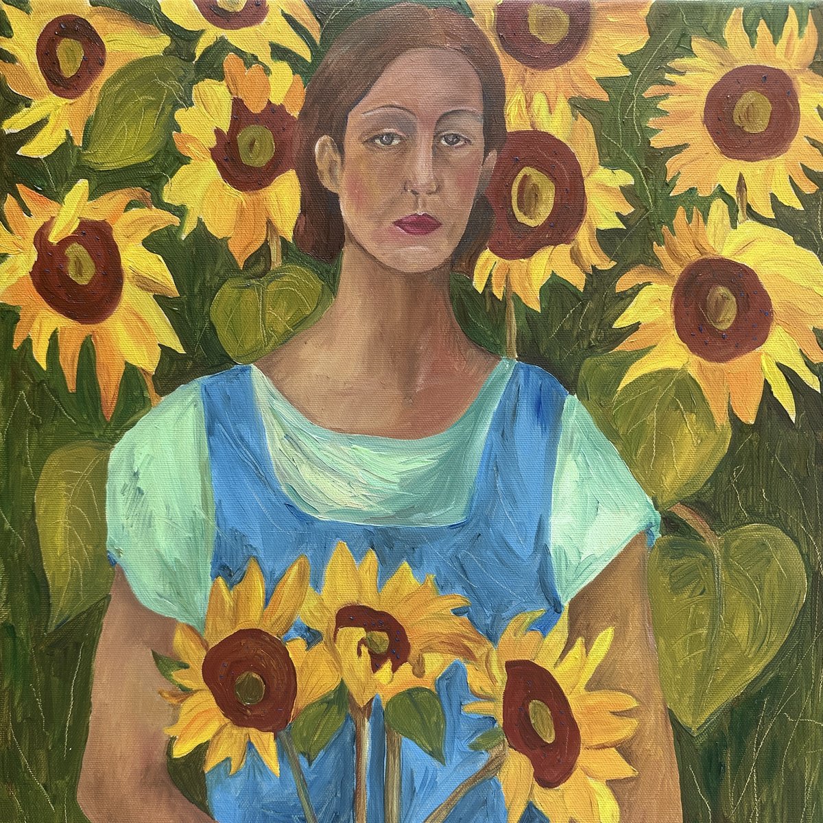 Impressionistic Portrait Oil Painting By Irina Anis, 16 X 16, Emma In The Sunflowers, Original Artwork