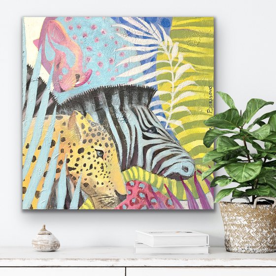 Jungle World. Acrylic painting on canvas, 18 x 18 in, 45,72 x 45,72 cm