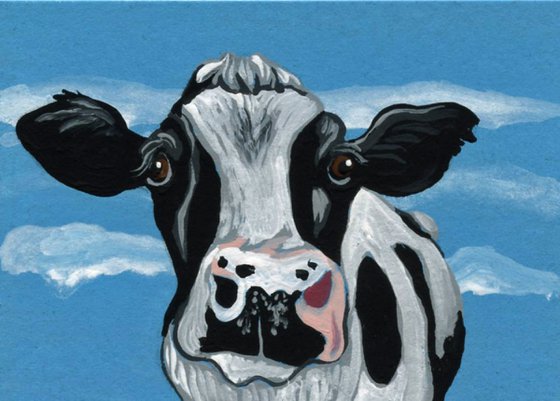 ACEO ATC Original Miniature Painting Black White Cow Farmyard Art-Carla Smale