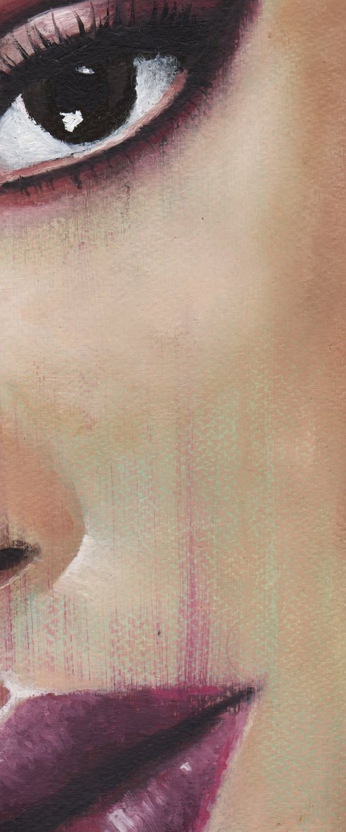 Ariana - beauty oil painting of women female on paper dark red tones makeup closeup by Renske Karlien Hercules