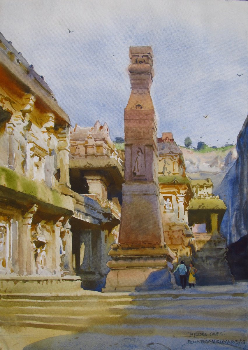 Impressionistic Cityscapes Watercolour By Bhargavkumar Kulkarni, 14 X 19, Mountain Had A Dream,Ellora 7, Original Artwork