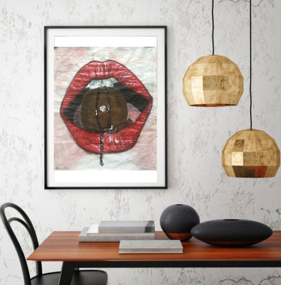 Lips Study III Red Lips Mouth Open Woman Face Portrait Original Artwork Realistic Lips Art For Sale Buy Art Now Free Delivery 36x27cm Newspaper Painting