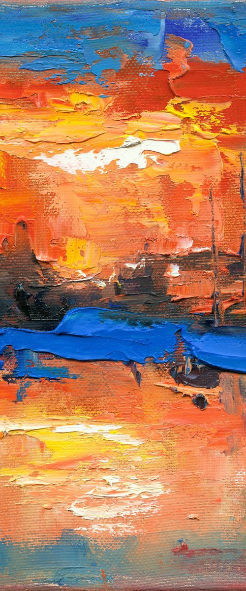 Radical sunset in the bay - yachts and boats in the rays of the summer sun by Anna Miklashevich