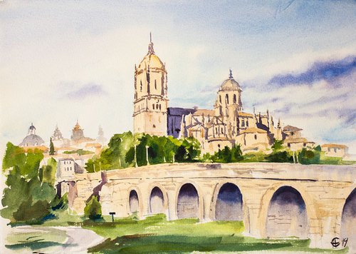 Cathedral 2. Salamanca, Spain. Original watercolor. Small painting gentle travel castilla y leon interior decor impressionism inspiration by Sasha Romm