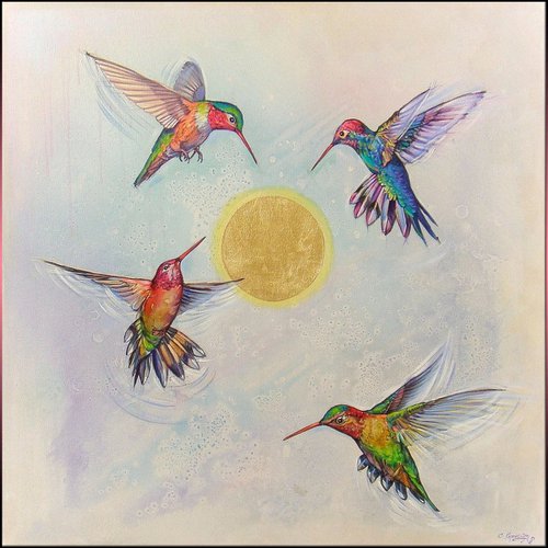 35.4" ”Shining Sun and Hummingbirds” Large Painting by Irini Karpikioti