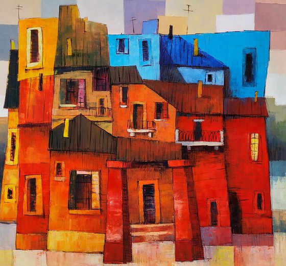 Houses-1(90x80cm, oil painting, ready to hang)
