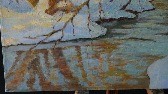 Rays of the setting Sun over the spring river - sunset landscape painting