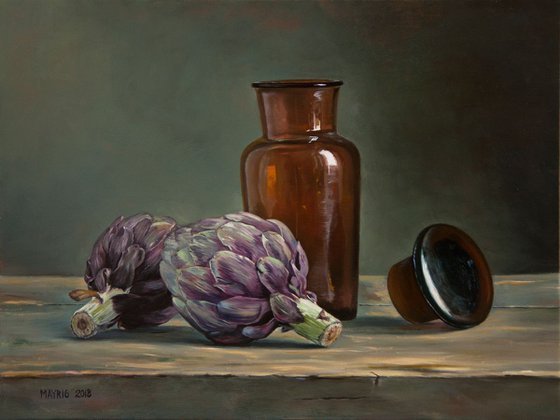 Still life with artichoke en medical glass (Original Oil Painting)