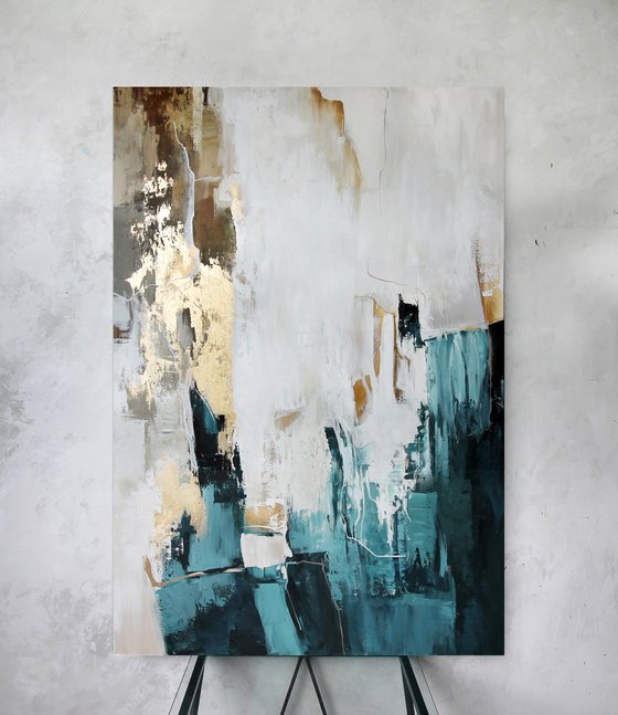 "Teal bloom 2" Teal gold cream abstract art