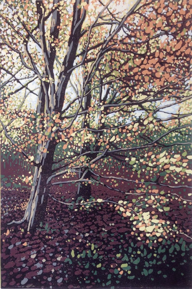 Impressionistic Landscape Linocut By Alexandra Buckle, 19 X 28, Autumn Beeches, Original Artwork