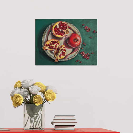 Pomegranates on metal tray