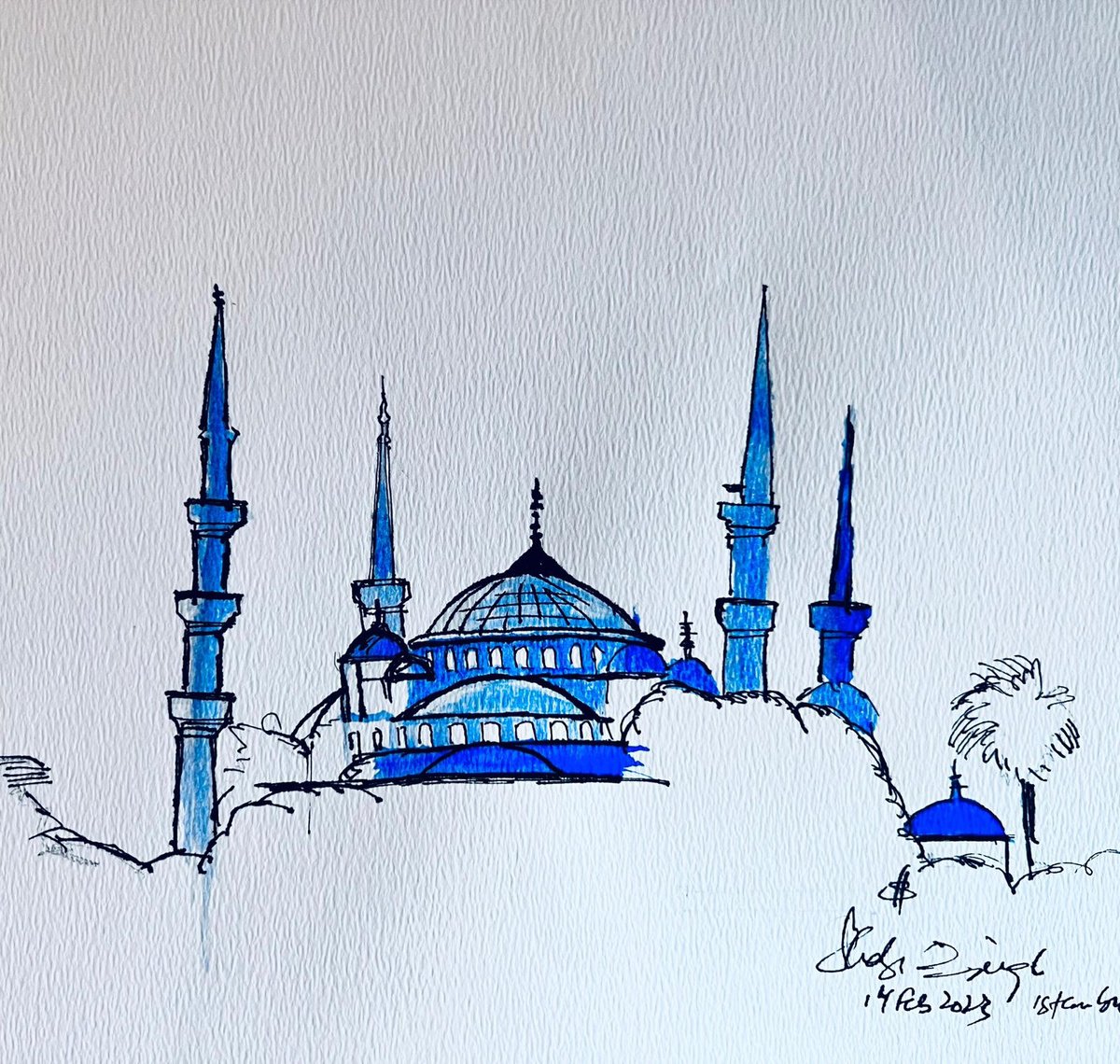 Cityscapes Painting By Shabs Beigh, 15 X 13", Blue Mosque, Original Artwork