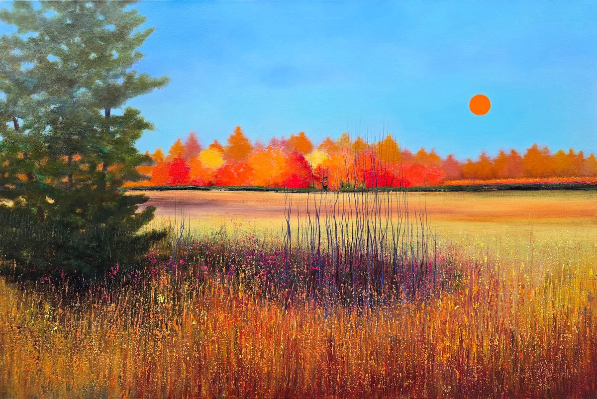 Impressionistic Landscape Oil Painting By Faith Patterson, 36 X 24, Autumn Twilight, Original Artwork