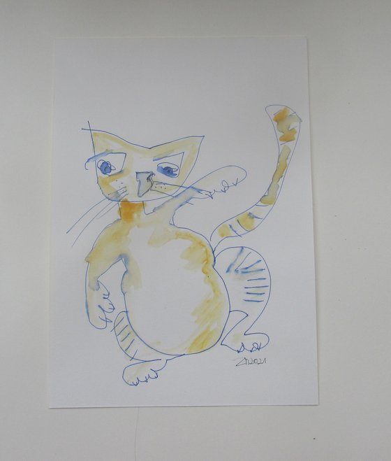 crazy cat aquarelle 8,2 x 11,4 inch unique mixedmedia drawing