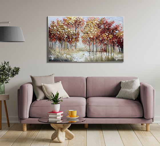 Quiet Nature - Abstract Colorful Trees Painting, Blossom Landscape Canvas Wall Art Painting, Large Abstract Red Flower Tree