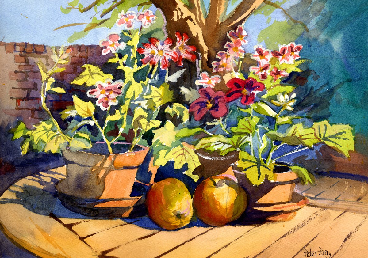 Impressionistic Botanical Watercolour By Peter Day, 17 X 13", Pelargoniums, Original Artwork