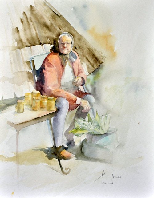SELLING SWEET HONEY watercolour 32x41 by Beata van Wijngaarden
