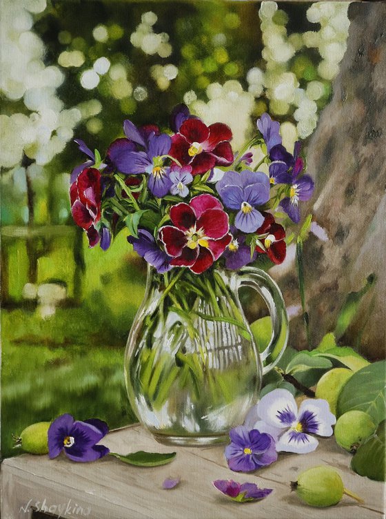 Pansies in Glass Jug