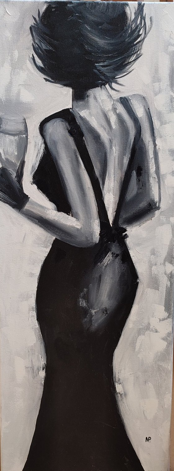 Lady in black, original impressionistic oil painting, gift idea, monochrome art