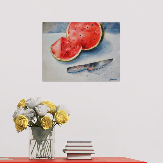 Watermelon and knife - original watercolor