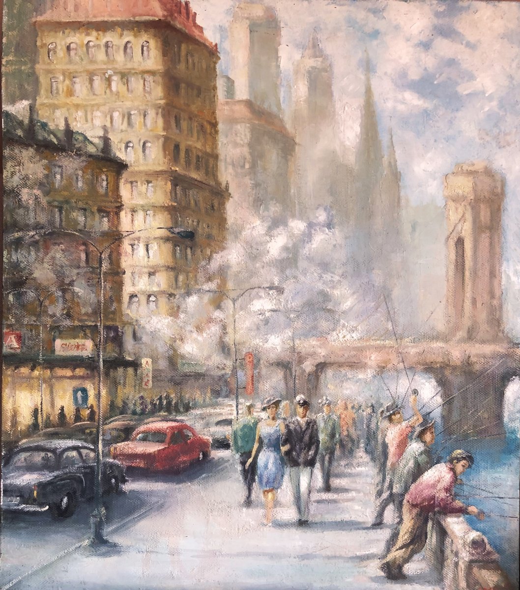 Impressionistic Cityscapes Oil Painting By Alexander Mikhalchyk, 24 X 31, Embankment., Original Artwork