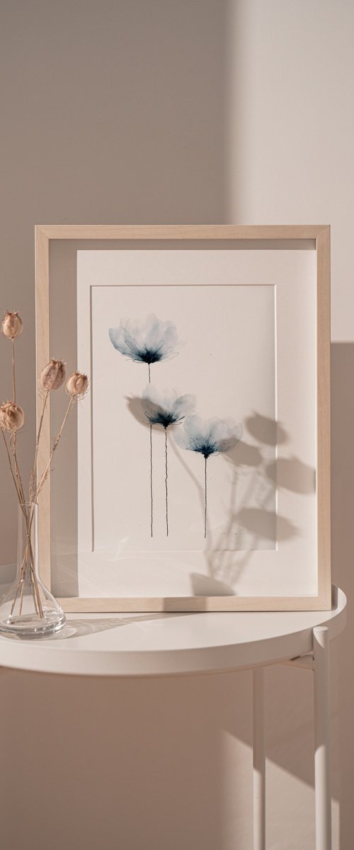 Minimalistic Flowers dusty blue  watercolor. #4 by Olga Koelsch