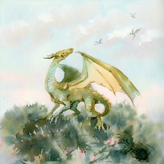 Brass dragon on green grass Fantasy creature Watercolour by Yulia Evsyukova