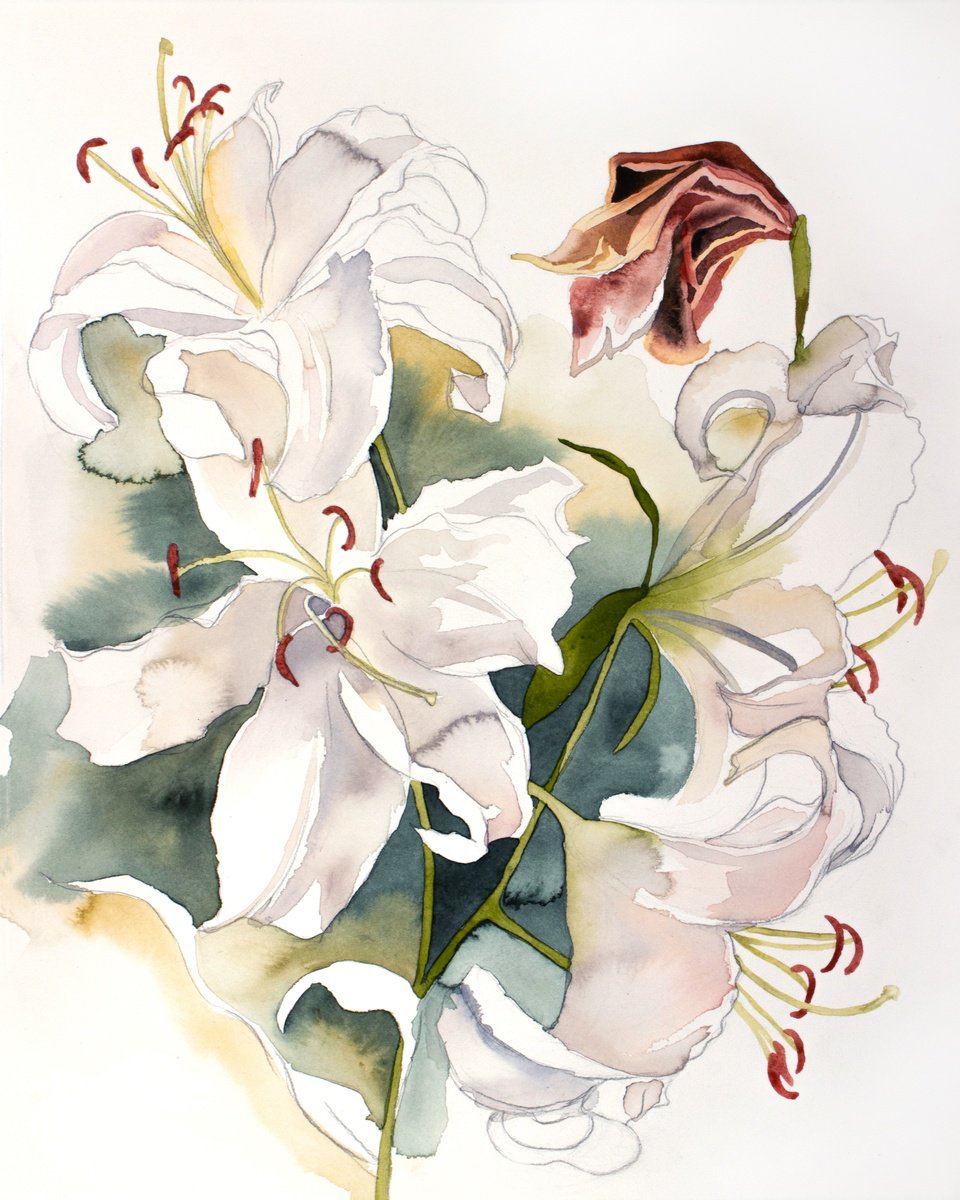 Expressive Botanical Watercolour By Elizabeth Becker, 16 X 20, Lilies No. 17, Original Artwork