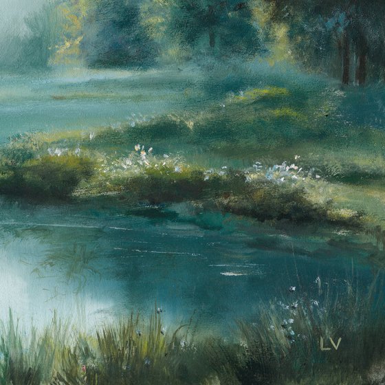 Misty lake in a pine forest