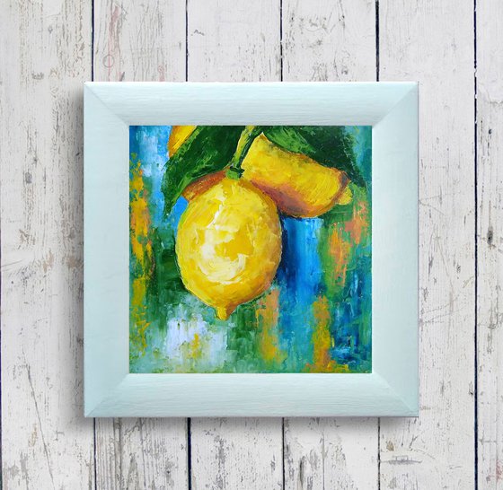 Lemon Painting Original Art Fruit Artwork Citrus Wall Art Small Square Kitchen Decor