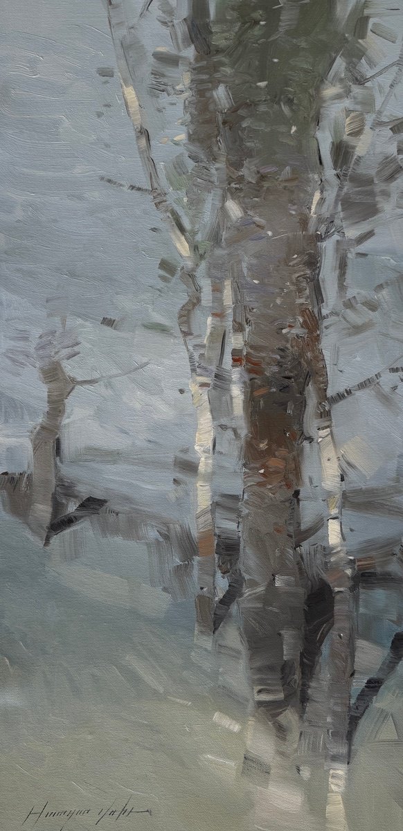 Impressionistic Landscape Oil Painting By Vahe Yeremyan, 13 X 26", Birches, Original Artwork