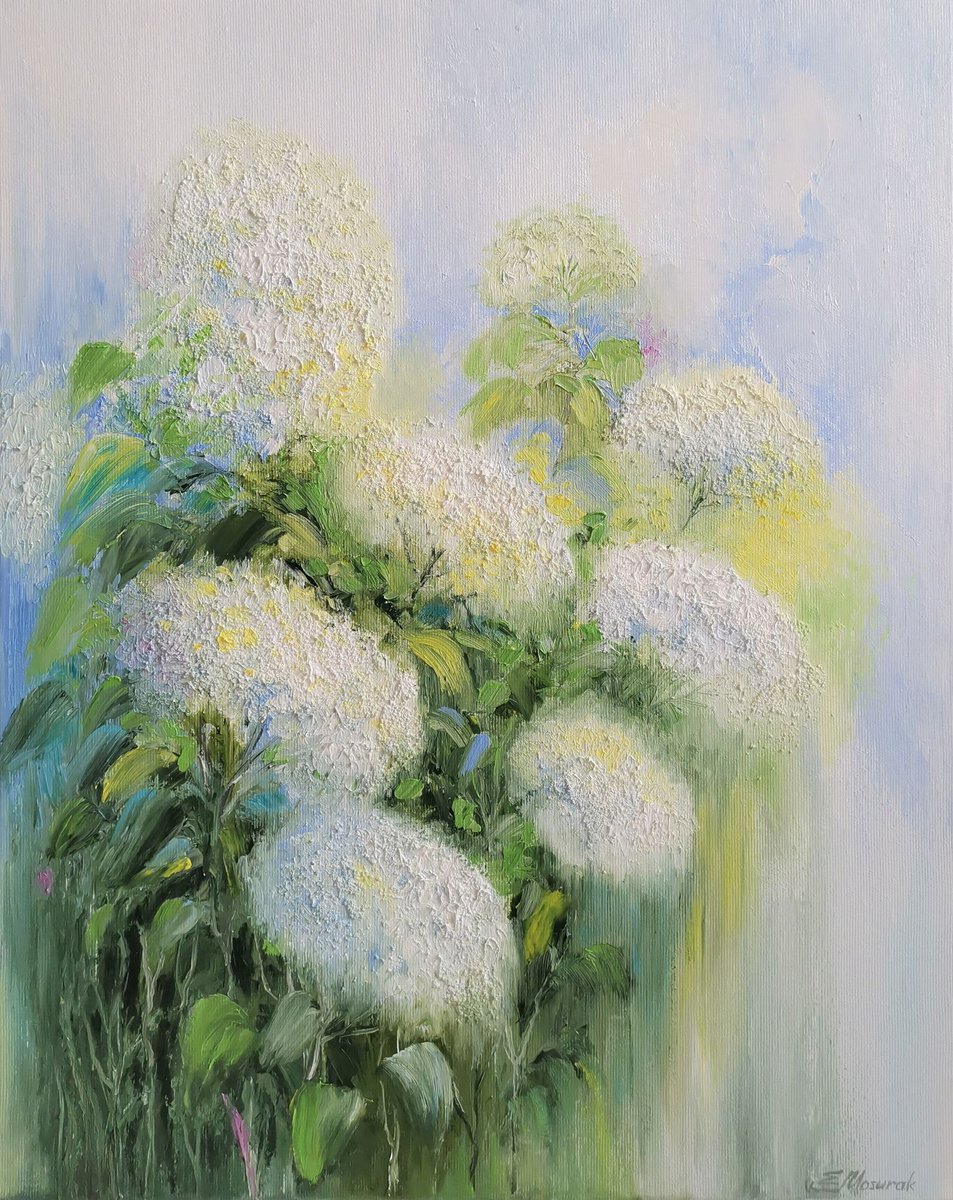 Impressionistic Botanical Oil Painting By Elena Mosurak, 16 X 20, White Hydrangeas, Original Artwork