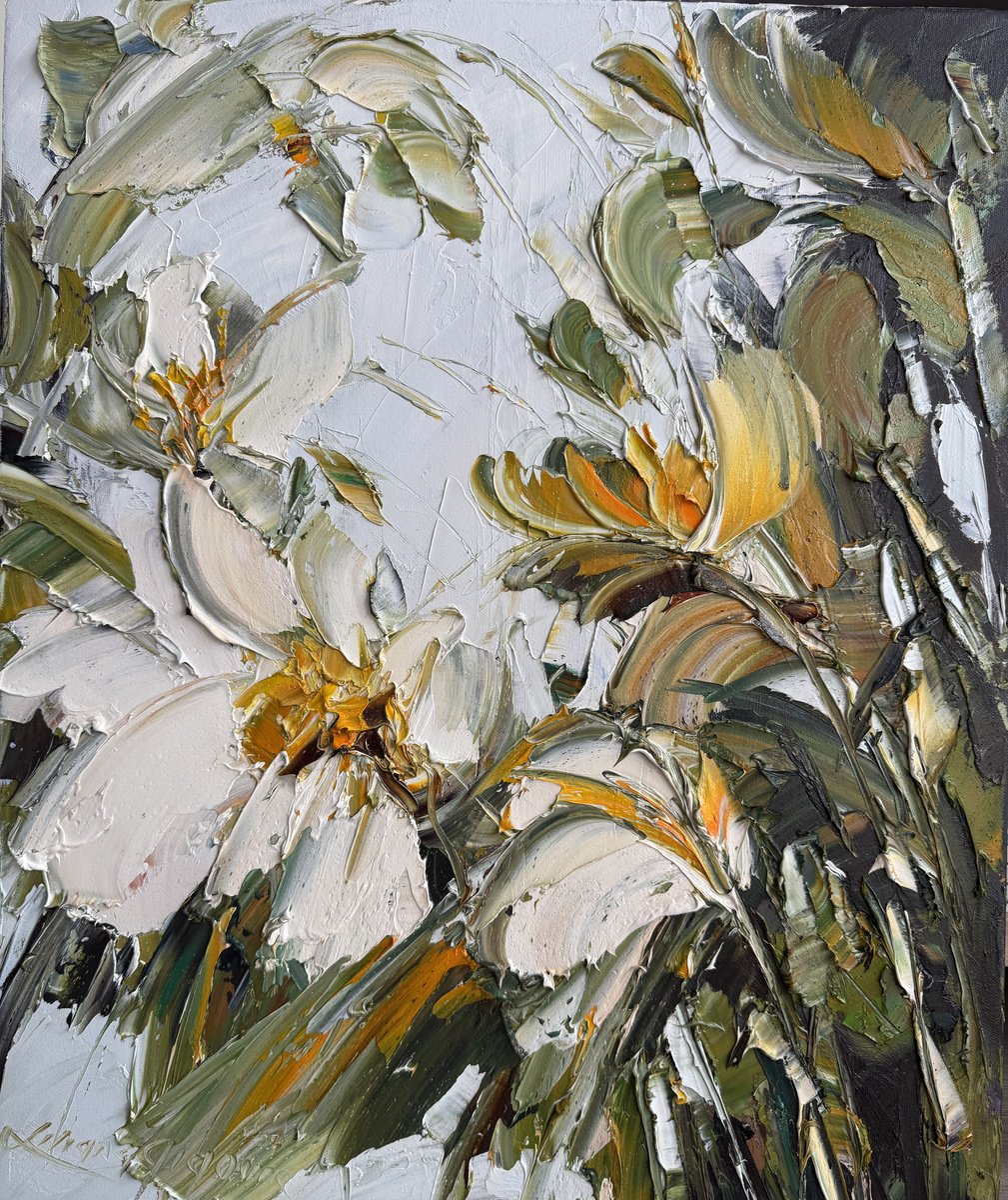 Impressionistic Botanical Oil Painting By Liliana Gigovic, 20 X 24", White Magnolia No 38, Original Artwork